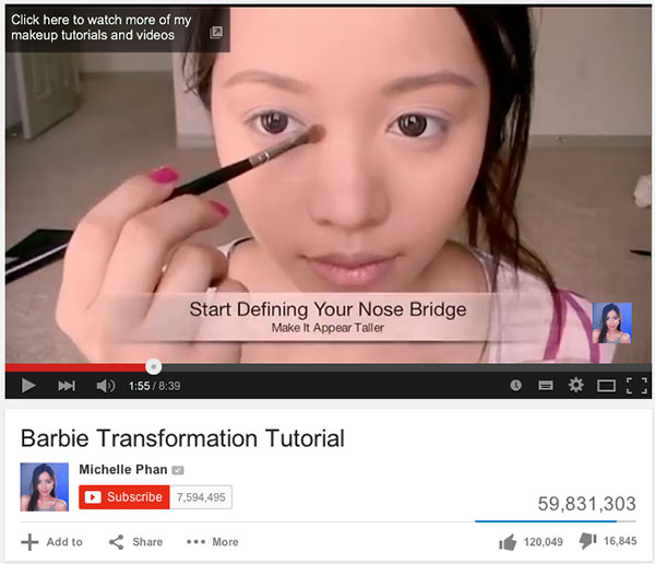 Fig 2.1 - Screen capture image of Michelle Phan's YouTube Barbie Transformation Tutorial